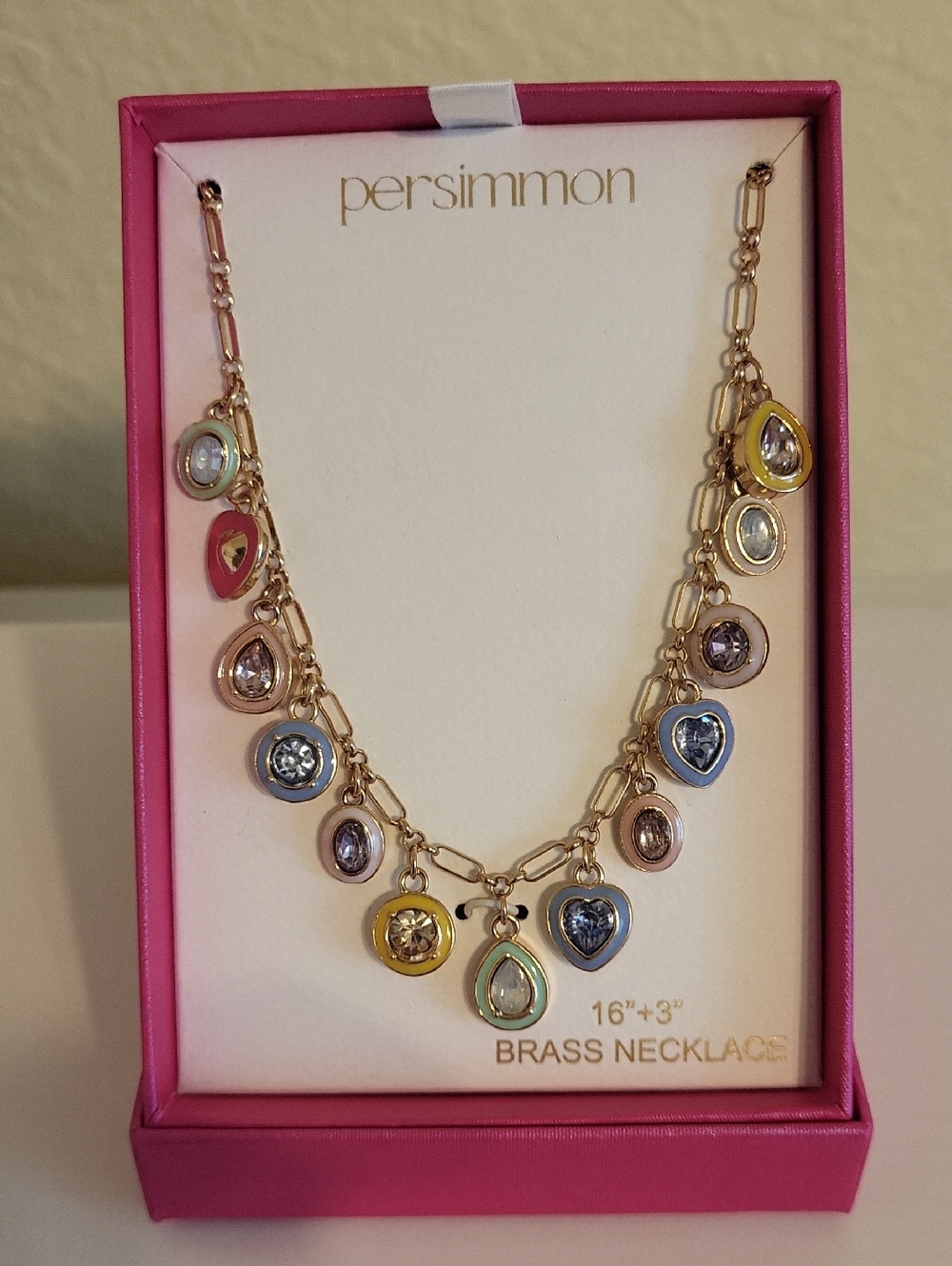 Persimmon Multicolor Brass Charm Necklace - Gold Chain with Pastel Gem Accents